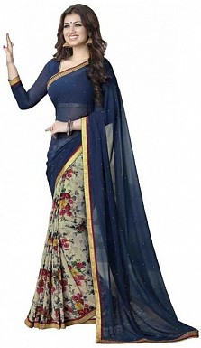 Beautiful Blue Printed,lace Work Georgette Saree @ Rs618.00