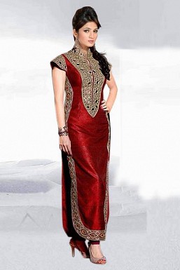 Charming Red Semi Stitched Banglori Silk Salwar Suit @ Rs680.00