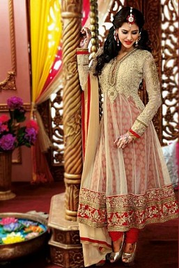 Red & Cream Net Semi-stitched Anarkali Suit @ Rs4265.00