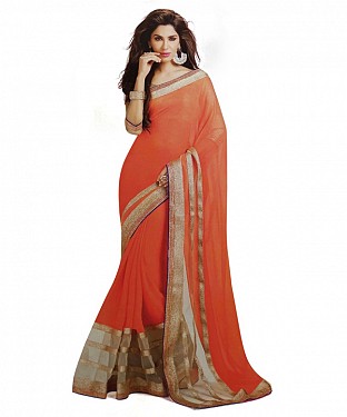 Beautiful Orange Embroidery Net  Saree @ Rs741.00