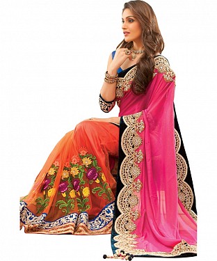 Beautiful Pink and Orange Embroidery Net  Saree @ Rs1482.00