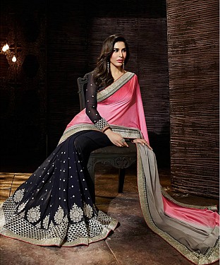 Beautiful Pink and Black Embroidery Georgette and Jecart Saree @ Rs1297.00