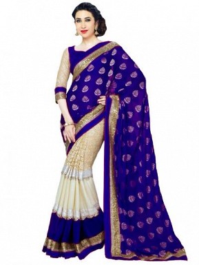 Beautiful Blue And Cream Lace Work Georgette Saree @ Rs804.00