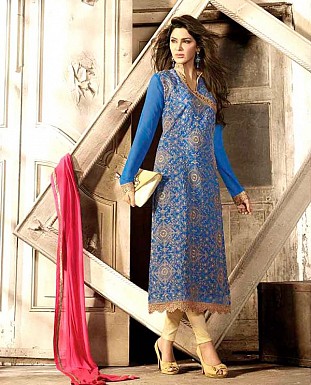 THANKAR LATEST EMBROIDERED DESIGNER BLUE STRAIGHT SUITS @ Rs2409.00