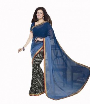Beautiful Blue Printed,lace Work Georgette Saree @ Rs680.00