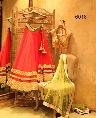 Fancy Designer Indian Red & Perrot Green Ethnic Partywear Wedding Lehenga @ Rs2905.00
