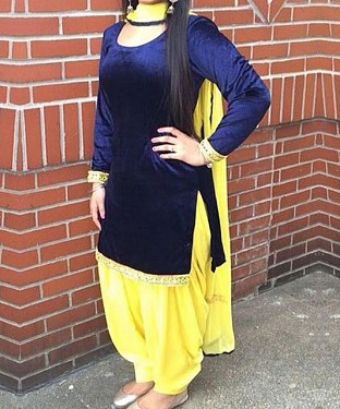 Velvet Blue and Yellow Simple Patiala Salwar Suit Material @ Rs741.00