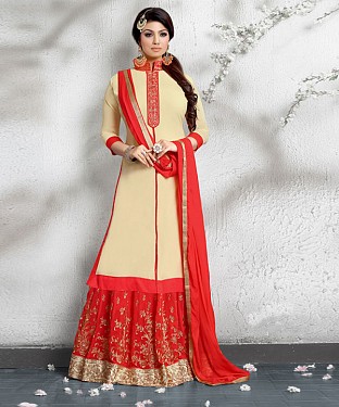 CREAM AND ORANGE  EMBROIDERED FAUX GEORGETTE STRAIGHT SUIT @ Rs2471.00