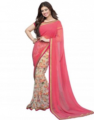 Beautiful Pink Printed,lace Work Georgette Saree @ Rs680.00