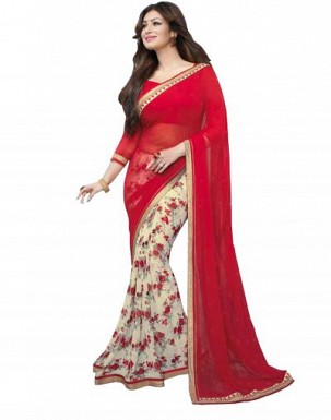 Beautiful Red Printed,lace Work Georgette Saree @ Rs680.00