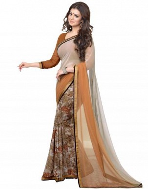 Beautiful Grey and Brown Printed,lace Work Georgette Saree @ Rs680.00