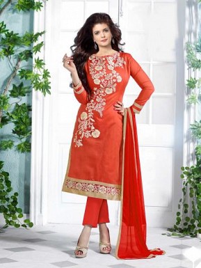 Lovely Orange Floral Embroidery Cotton salwar suit @ Rs557.00