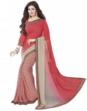 Beautiful Pink Printed,lace Work Georgette Saree @ Rs680.00