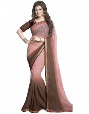 Beautiful Brown and Pink Printed,lace Work Georgette Saree @ Rs680.00