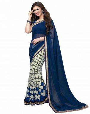 Beautiful Blue Printed,lace Work Georgette Saree @ Rs680.00