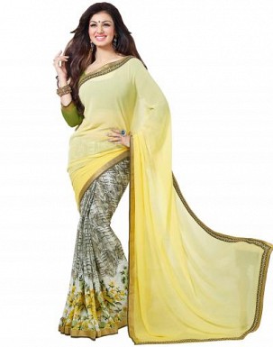 Beautiful Yellow Printed,lace Work Georgette Saree @ Rs680.00