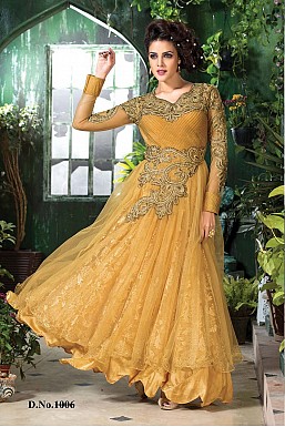 letest golde yellow gown style anarkali suit @ Rs2595.00