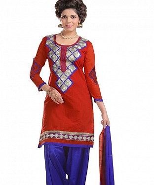 Red And Blue Chanderi Cotton Embroidered Party Wear Unstitched Dress @ Rs1025.00