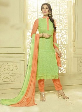 Lime Green & Orange Designer Dress Material @ Rs1606.00