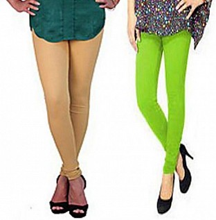 Cotton Biege and Parrot Green Color Leggings Combo @ Rs407.00