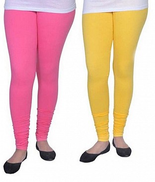 Cotton Pink and Light Yellow Color Leggings Combo @ Rs407.00