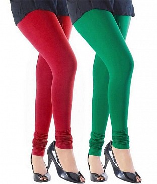Cotton Red and Dark Green Color Leggings Combo @ Rs407.00