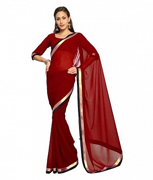 Plain Lace work Maroon Georgette saree @ Rs494.00