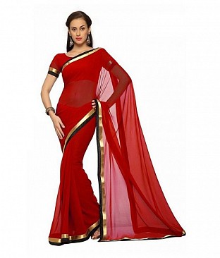 Plain Lace work Red Georgette saree @ Rs494.00
