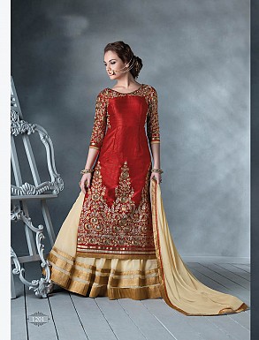 THANKAR LATEST DESIGNER HEAVY RED AND CREAM EMBROIDERY INDO WESTERN STYLE STRAITE SUIT @ Rs4449.00