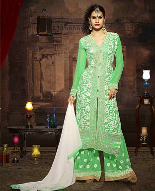 LATEST EMBROIDERED DESIGNER LIGHT GREEN AND WHITE STRAIGHT SUITS @ Rs2039.00
