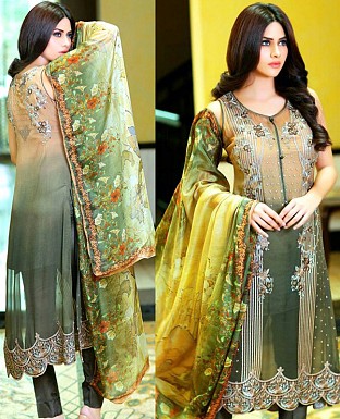 LATEST GREEN AND BEIGE DESIGNER LONG SLEEVE STRAIGHT SUIT @ Rs1791.00