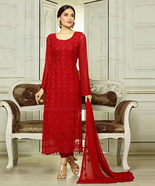 THANKAR RED CHIFFON PARTY WEAR STRAIGHT SUIT @ Rs1421.00