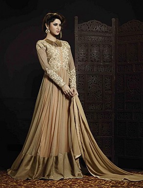 THANKAR BEIGE SILK AND NET HEVY EMBROIDERY ANARKALI SUIT @ Rs5067.00