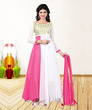 WHITE & PINK EMBROIDERED GEORGETTE ANARKALI SUIT @ Rs1235.00