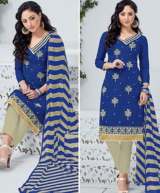 BLUE AND CREAM EMBROIDERED COTTON JEQUARD DRESS MATEIRIAL @ Rs1050.00