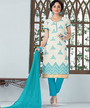 OFF WHITE AND SKY EMBROIDERED COTTON JEQUARD DRESS MATEIRIAL @ Rs1050.00