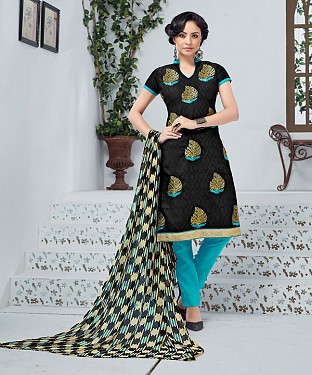 BLACK AND SKY EMBROIDERED COTTON JEQUARD DRESS MATEIRIAL @ Rs1050.00