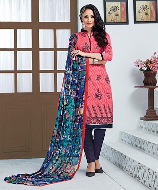 PEACH AND NAVY BLUE EMBROIDERED COTTON JEQUARD DRESS MATEIRIAL @ Rs1050.00