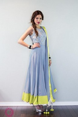 vandv New Gray & Yellow Net Designer Anarkali Suit @ Rs2486.00