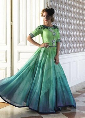 vandv New Lime Green & Aqua Pure Bhagalpuri Gown Style Anarkali Suit @ Rs2658.00