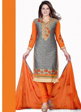 New Gray & Orange Cotton Jacquard Dress Material @ Rs1235.00