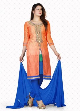 vandv New Orange & Blue Pure Chanderi Dress Material @ Rs1359.00