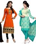 COMBO ONE ORANGE & BLACK PRINTED DRESS MATERIAL AND CREAM & AQUA POLLYCOTTON PRINTED DRESS MATERIAL @ 41% OFF Rs 1050.00 Only FREE Shipping + Extra Discount - Printed Suit, Buy Printed Suit Online, Poly Cotton, STRAIGHT SUIT, Buy STRAIGHT SUIT,  online Sabse Sasta in India - Salwar Suit for Women - 9731/20160520