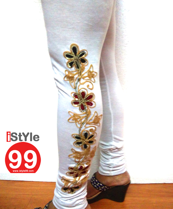 Fancy Stretchable Embroidered Cotton Legging- White @ 77% OFF Rs